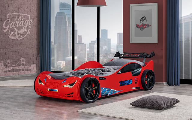 Furniture of America Roadstar red race-car bed in a staged kids room