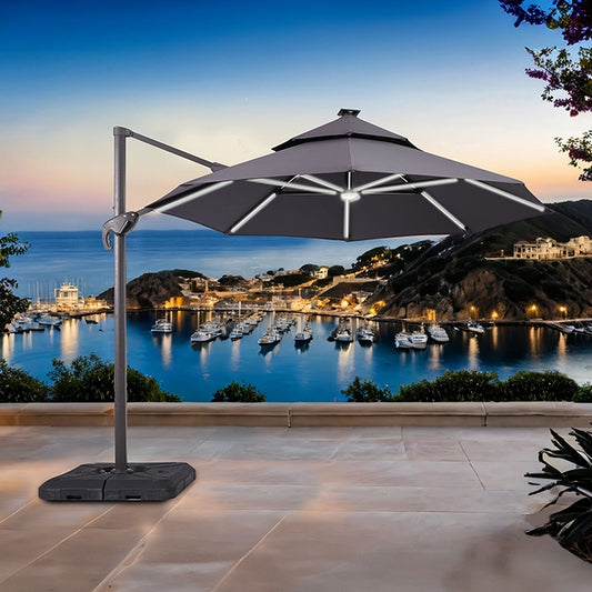 Fera - 10 Ft Round Umbrella w/ LED Bulb + 37" Large Base
