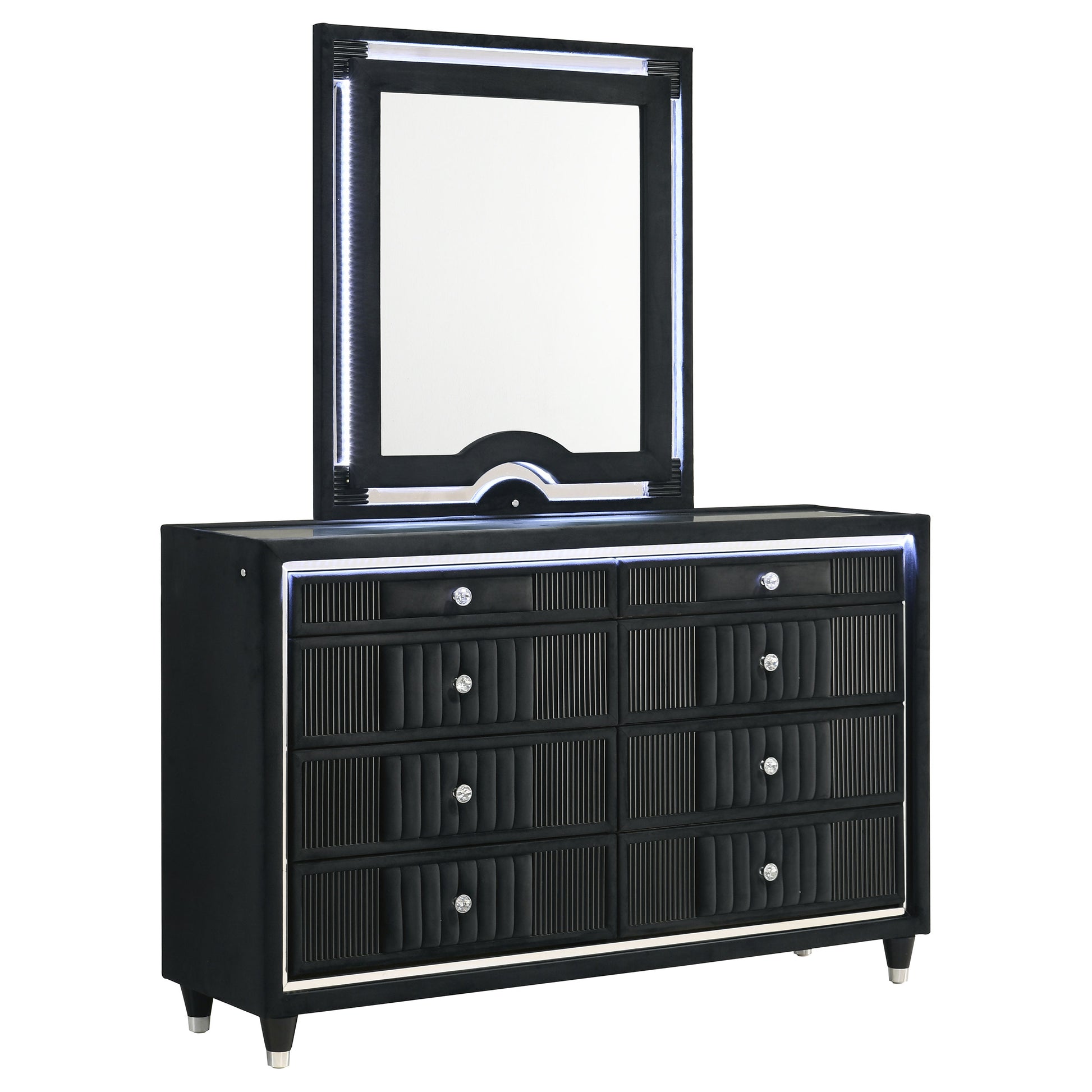 Ravenne 8-drawer Velvet Upholstered LED Dresser and Mirror Black – Furniture World (Las Vegas)