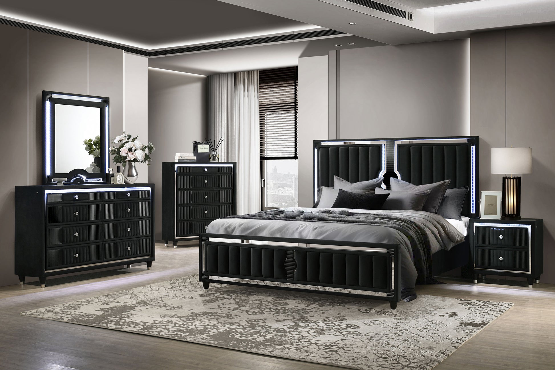 Ravenne 8-drawer Velvet Upholstered LED Dresser and Mirror Black – Furniture World (Las Vegas)