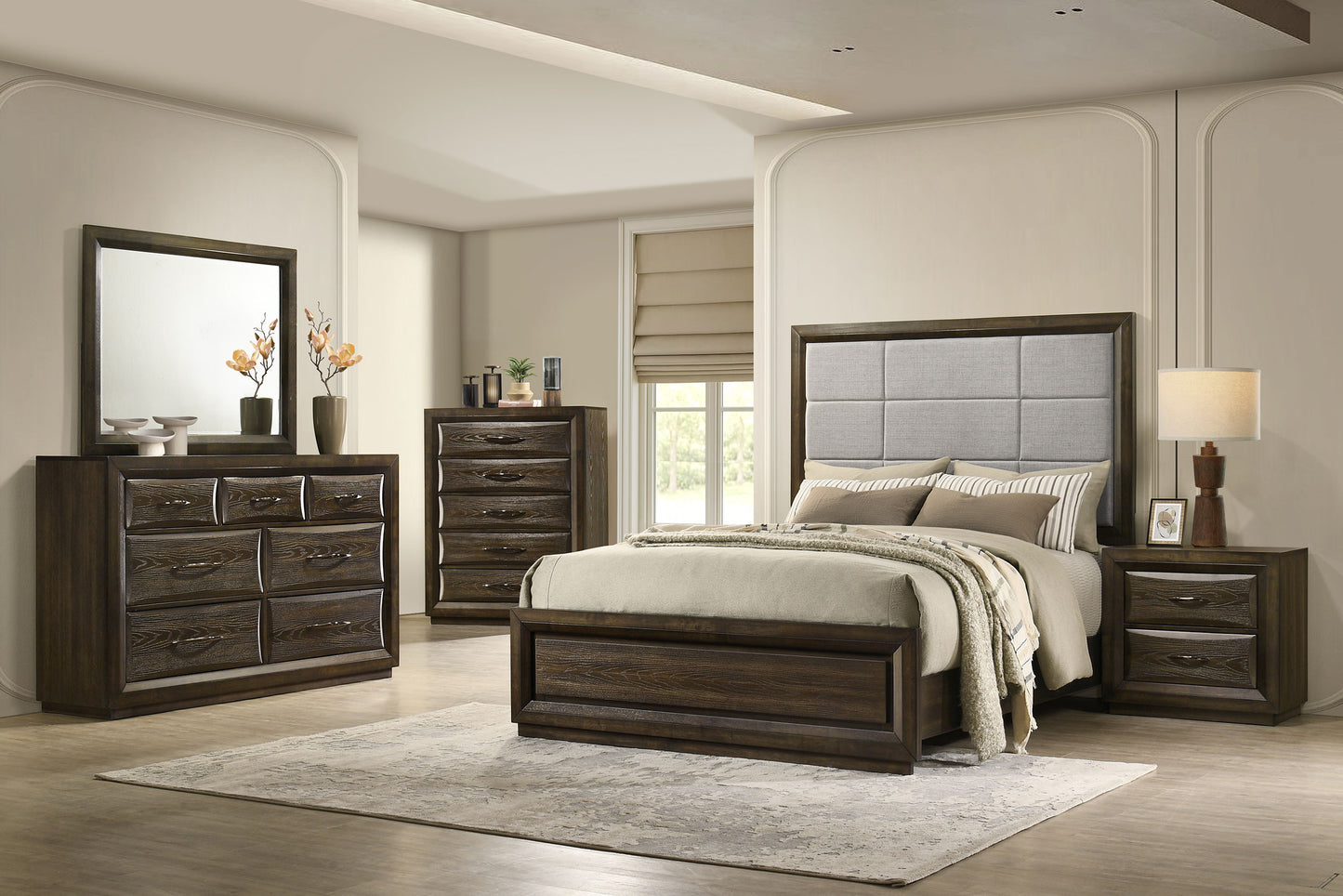 Atlas 64-inch Queen Upholstered Panel Bed Grey and Dark Oak
