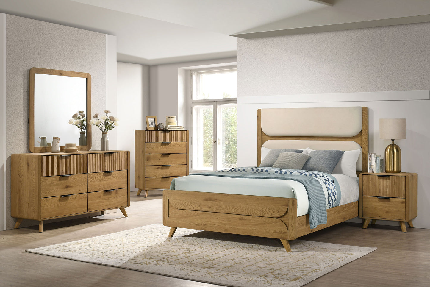 Bennett 63-inch Queen Upholstered Panel Bed Cream and Light Oak