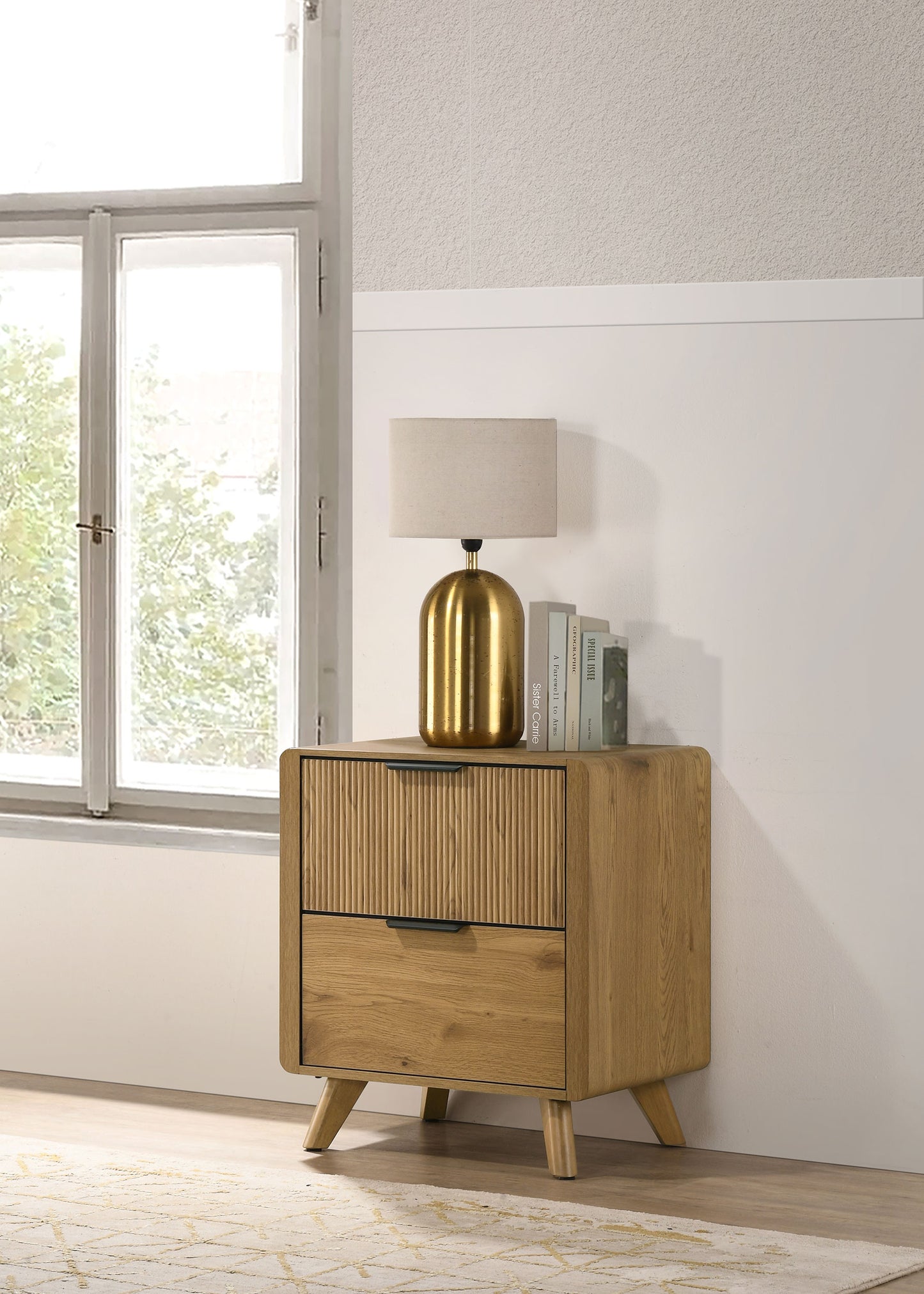 Bennett Mid-Century 2-Drawer Rubberwood Nightstand Light Oak