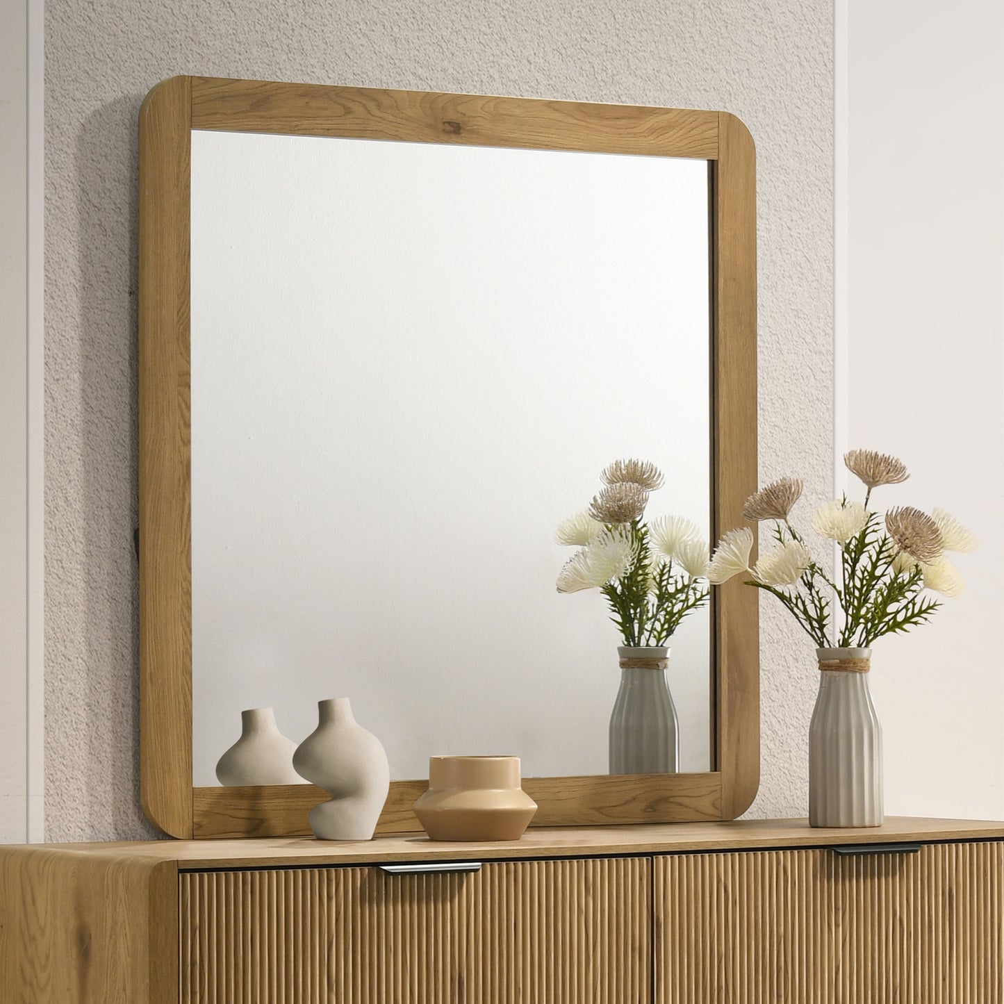 Bennett Mid-Century Square Dresser Mirror with Open-Corner Light Oak Frame