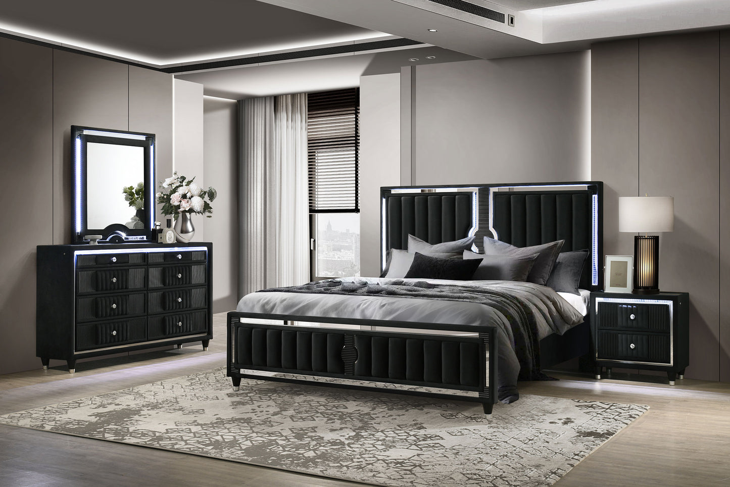 Ravenne 4-piece Velvet Upholstered Queen LED Bedroom Set Black