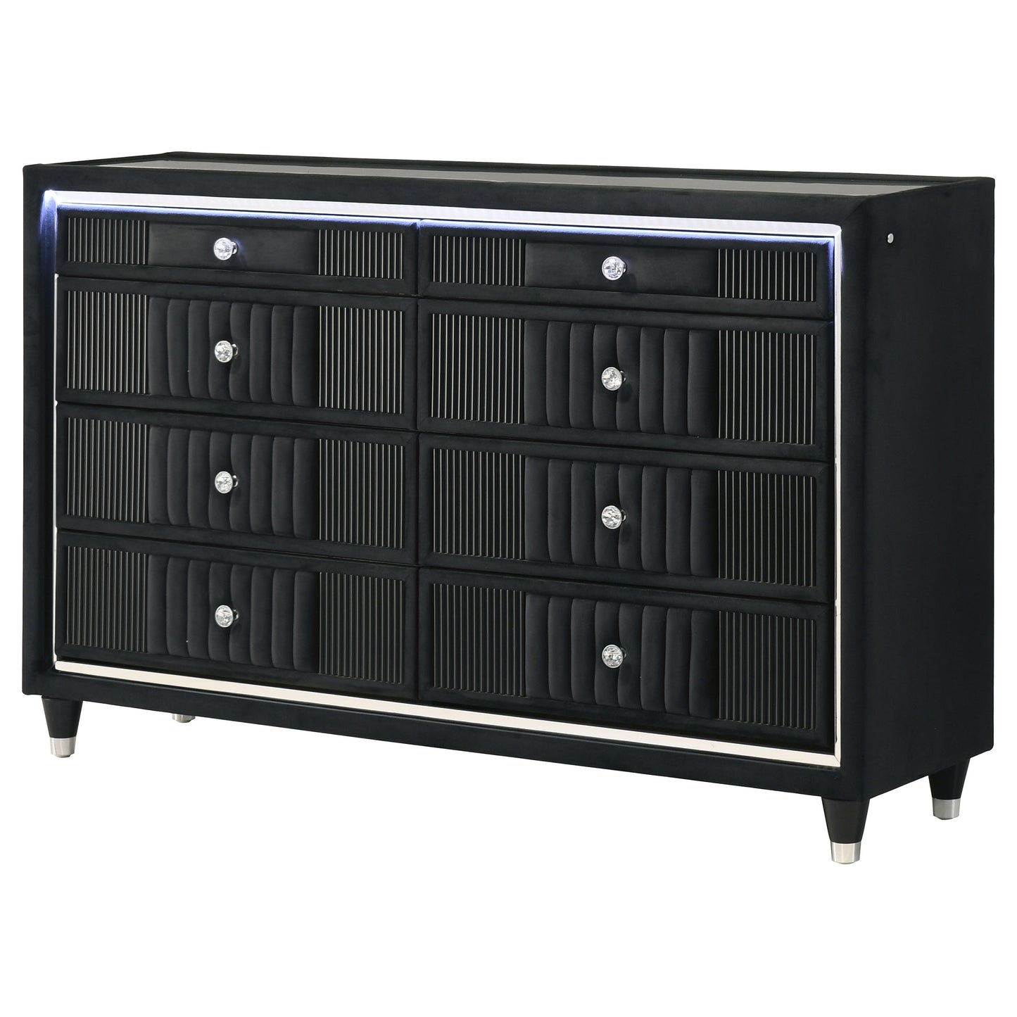 Ravenne 8-drawer Velvet Upholstered LED Dresser Cabinet Black