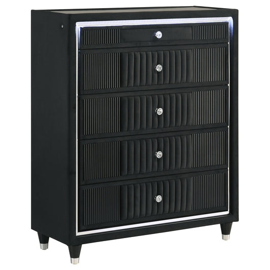 Ravenne 5-drawer Velvet Upholstered LED Chest of Drawers Black