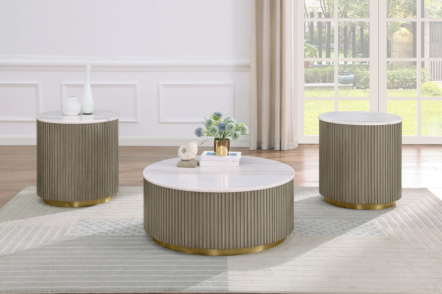 Jason Round White Marble Top Side End Table Greige