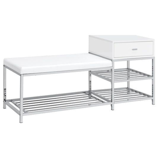 Siega 1-Drawer Shoe Storage Entryway Bench White High Gloss and Chrome