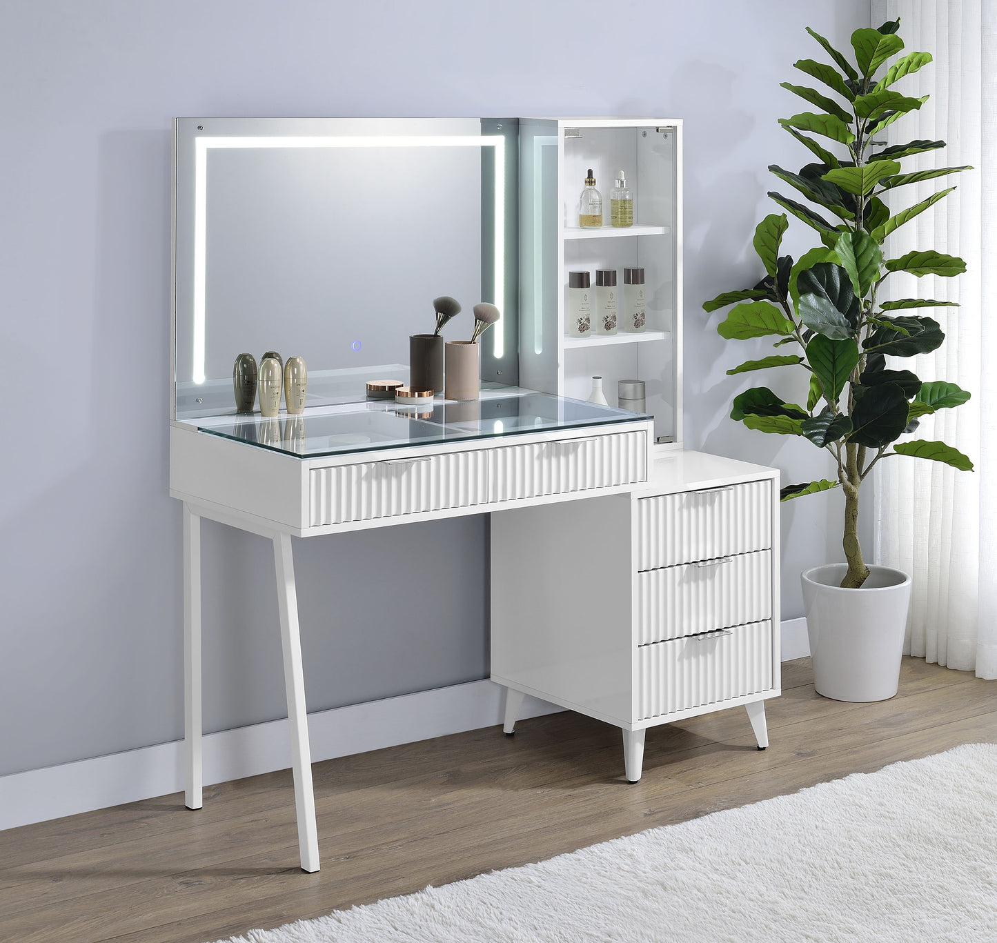 Souza 5-Drawer Makeup Vanity Table With LED Mirror White High Gloss