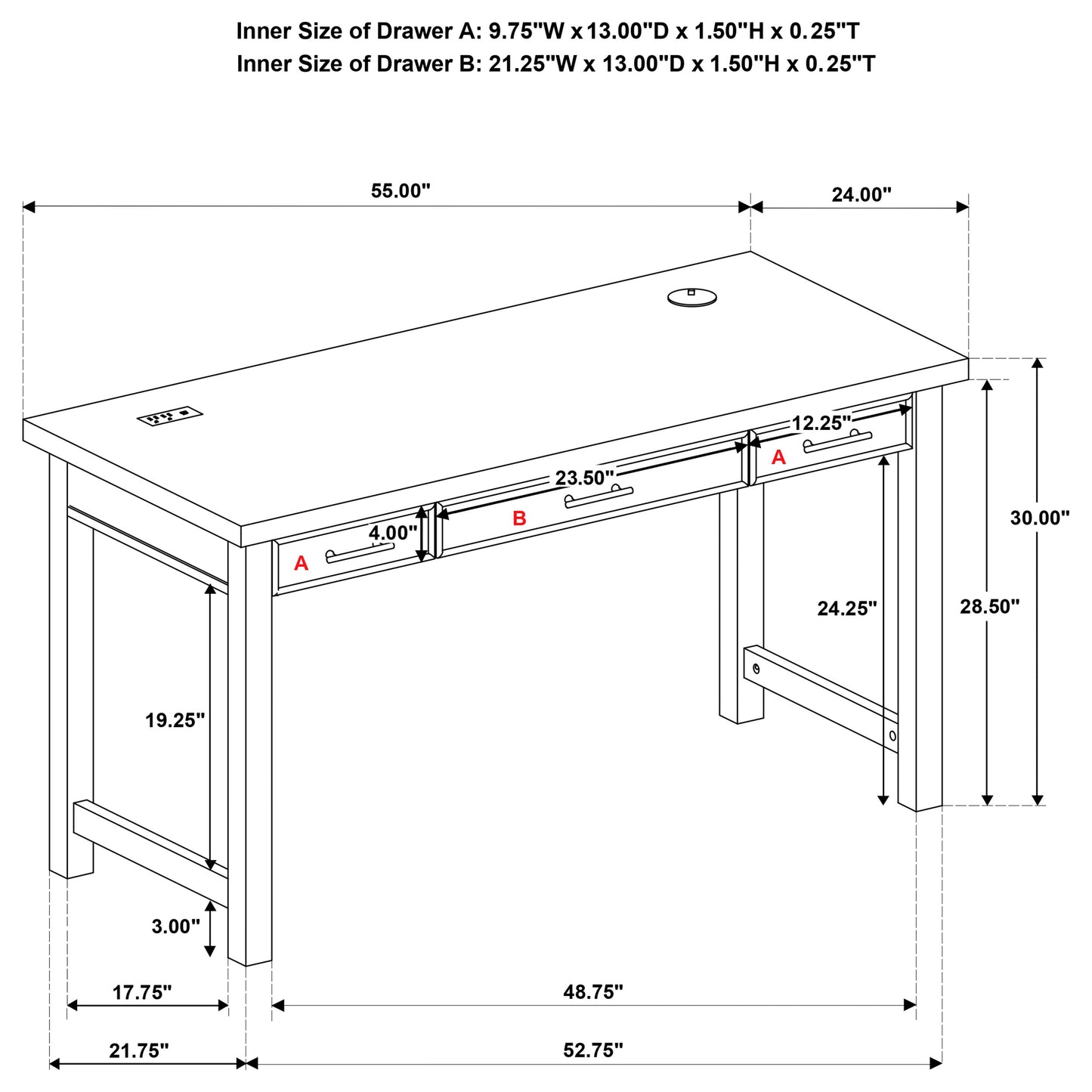 Vermes 55-inch 3-drawer Writing Desk with Power Outlet Light Ash