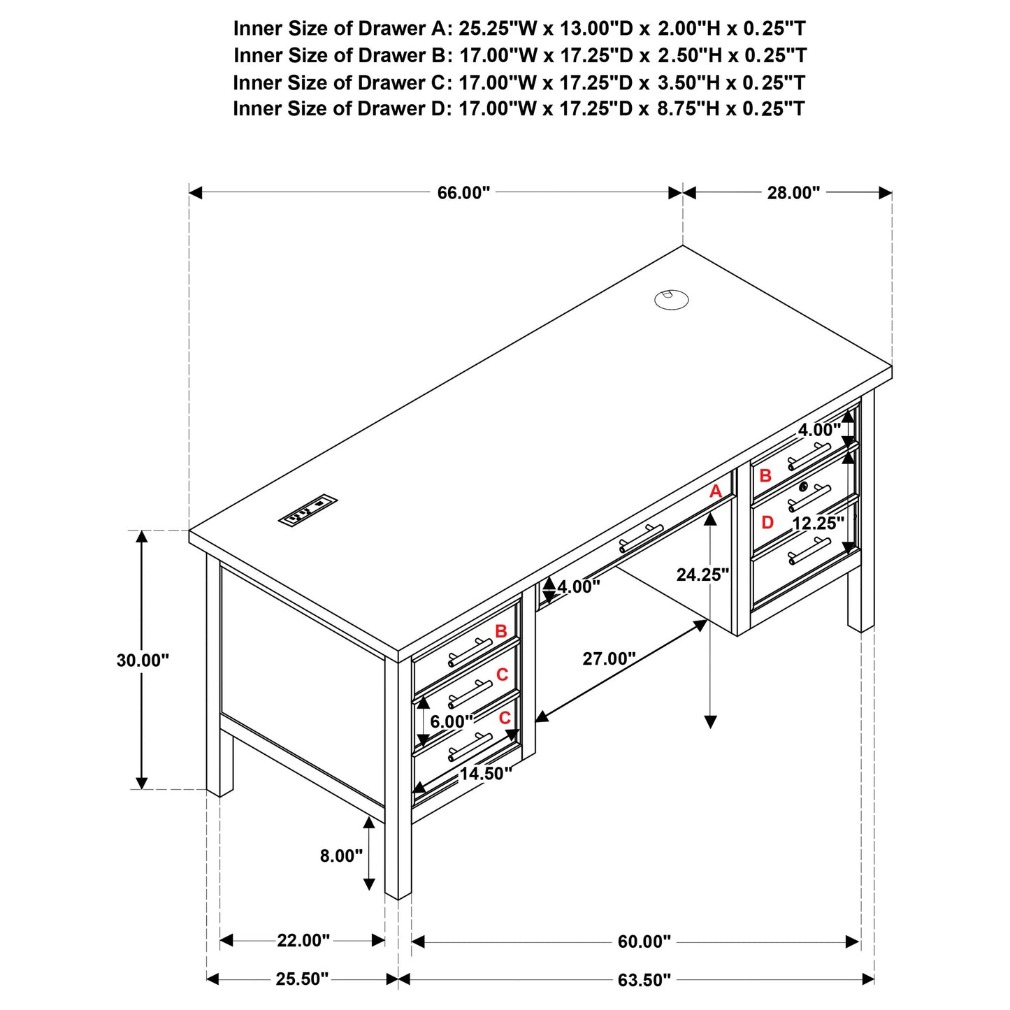 Vermes 66-inch 7-drawer Computer Desk with Power Outlet Light Ash