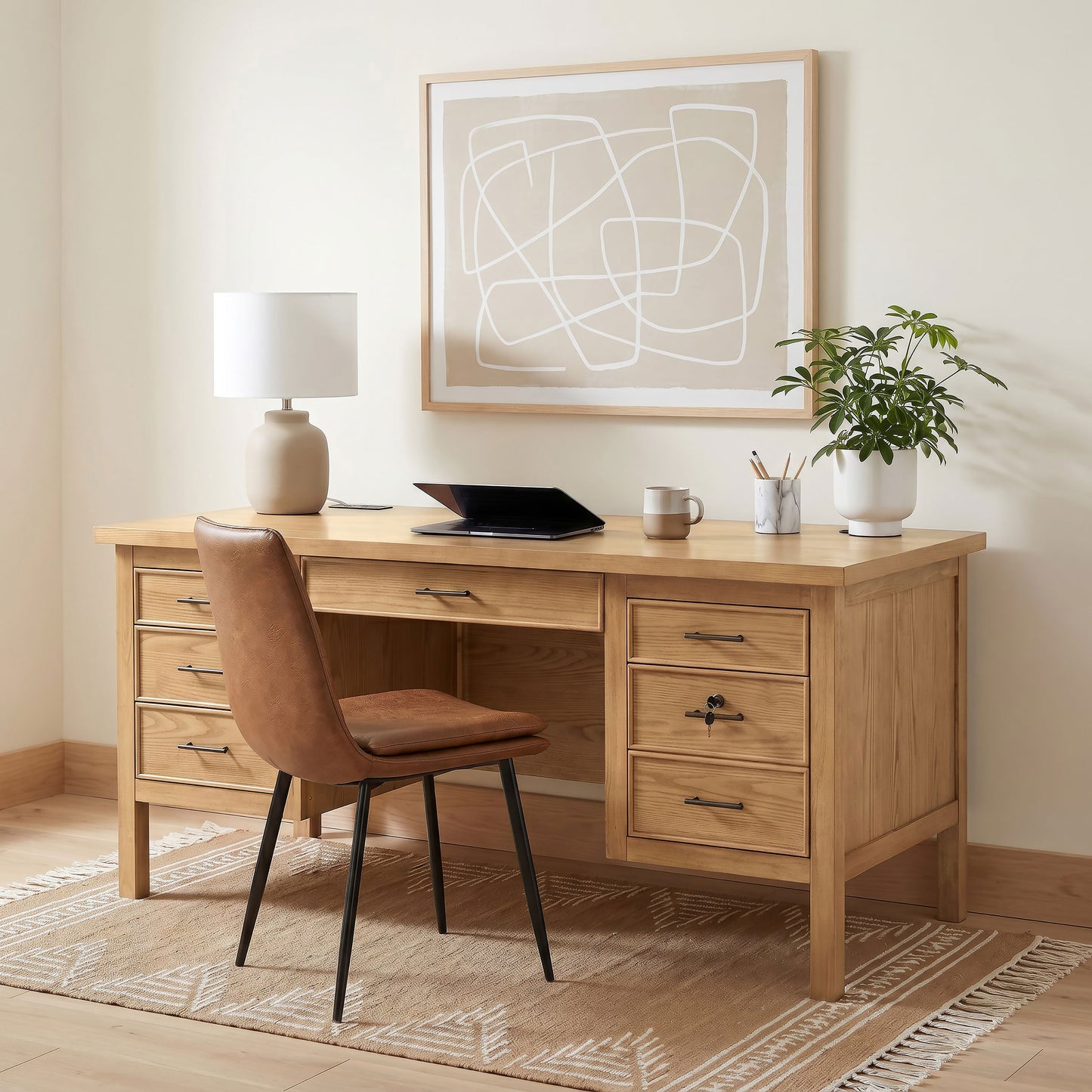 Vermes 66-inch 7-drawer Computer Desk with Power Outlet Light Ash