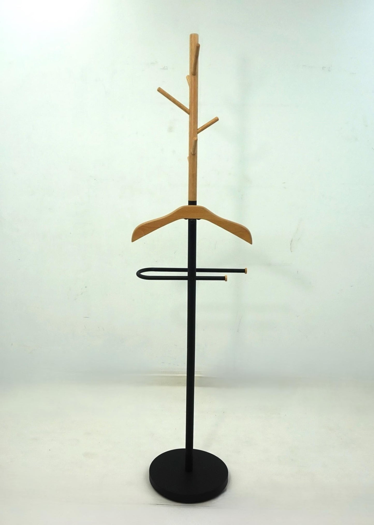 Lewis Freestanding Valet Coat Rack with Light Oak Hanger and Black Frame