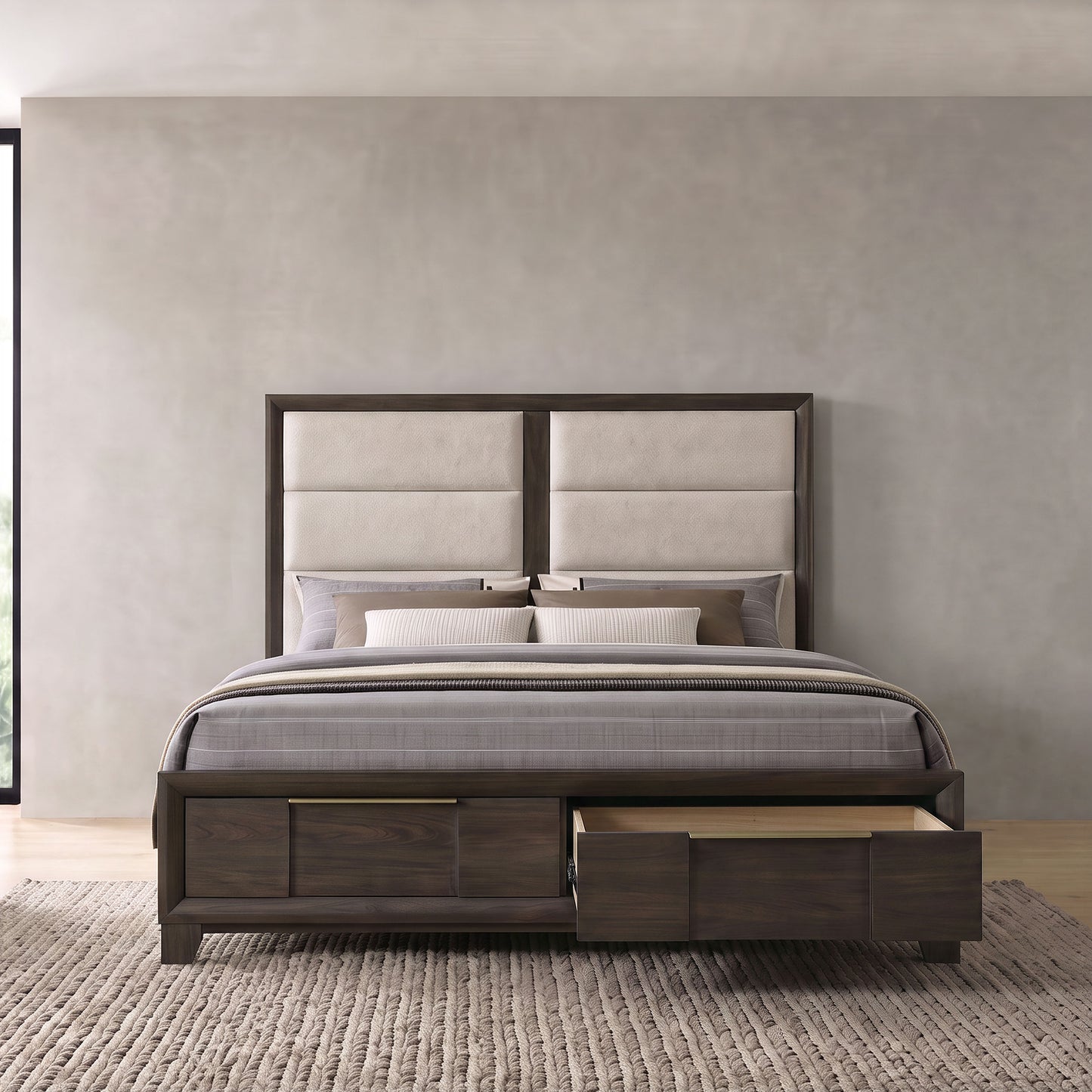 Farre Queen Upholstered Storage Platform Bed Dark Brown