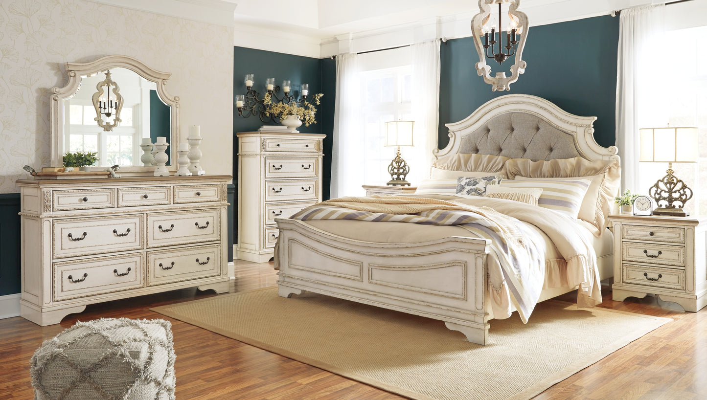 Realyn Queen Upholstered Panel Bed with Mirrored Dresser, Chest and Nightstand