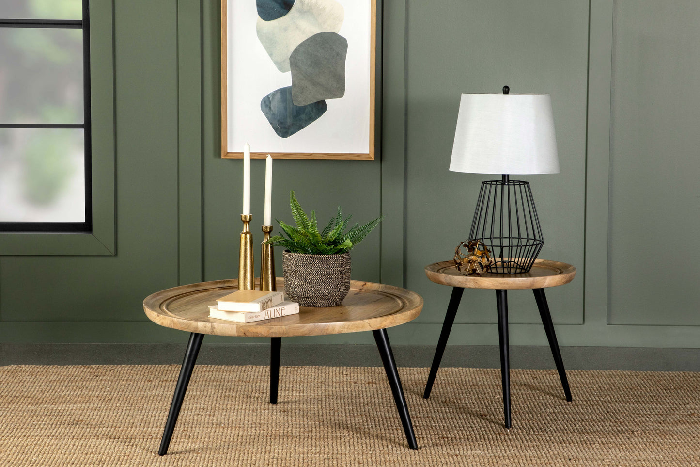 Zoe Round Coffee Table with Trio Legs Natural and Black