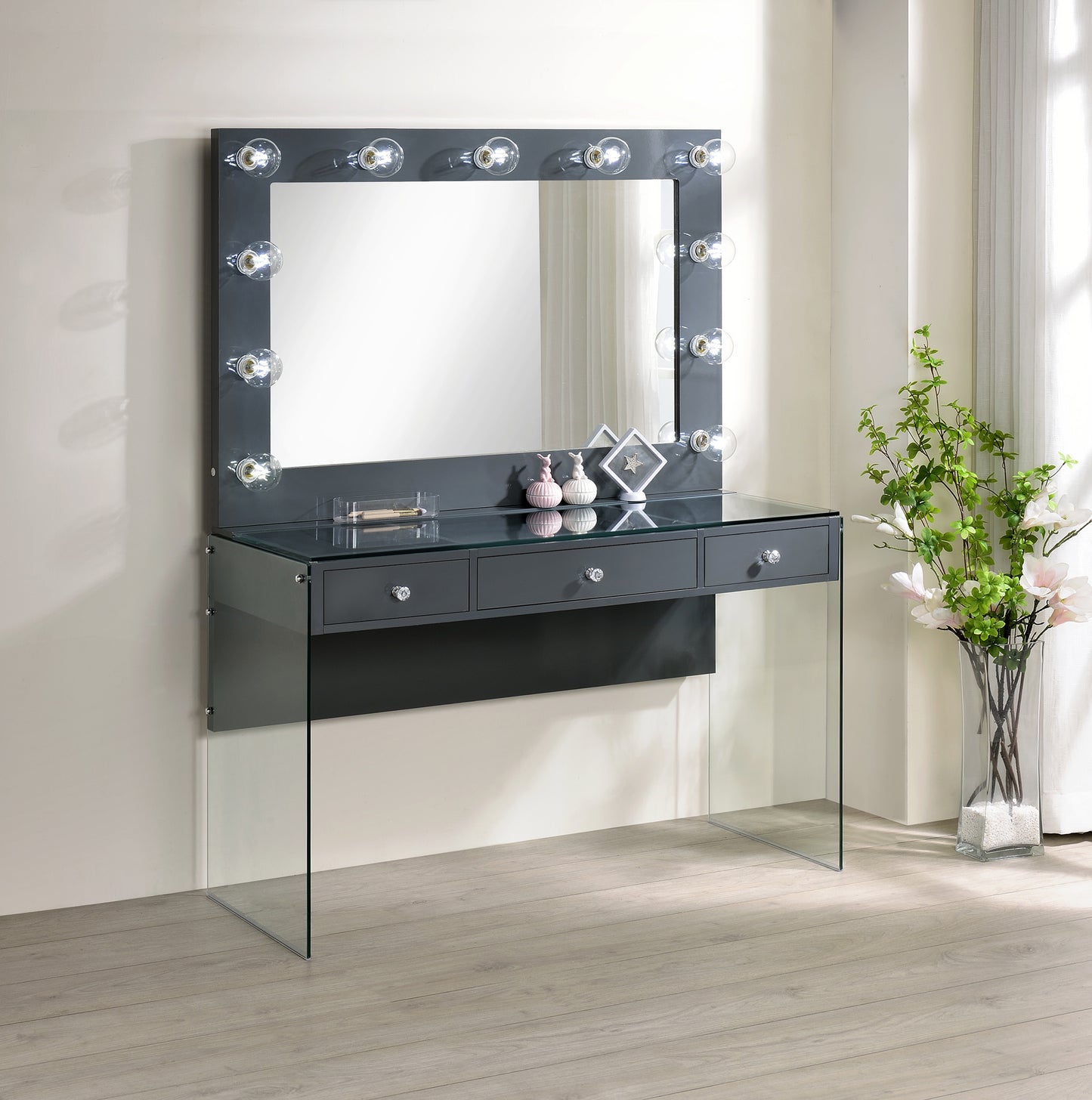 Afshan 3-drawer Vanity Set with Lighting Grey High Gloss